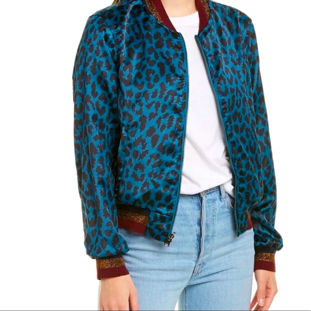 NWT - Pam & Gela Reversible Velvet and Leopard Bomber In Iced Teal